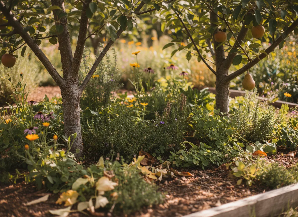 Small mixed orchard with herbs and flowers growing beneath trees